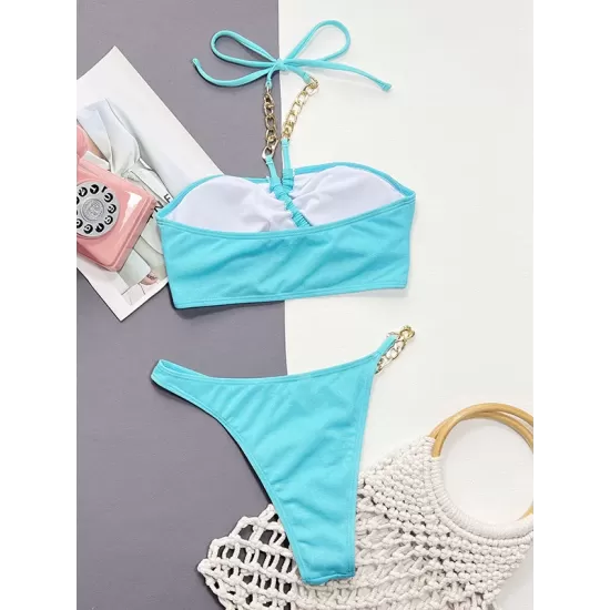 Bandage Hollow Solid Color Padded Halter-Neck Bikini Swimsuit Bandage Hollow Solid Color Padded Halter-Neck Bikini Swimsuit