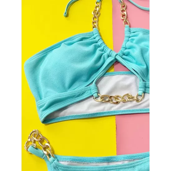 Bandage Hollow Solid Color Padded Halter-Neck Bikini Swimsuit Bandage Hollow Solid Color Padded Halter-Neck Bikini Swimsuit