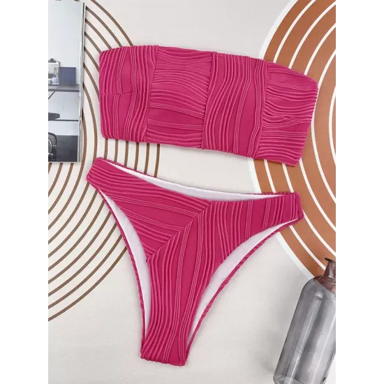 Bandage Solid Color Striped Padded Tube Bikini Swimsuit Bandage Solid Color Striped Padded Tube Bikini Swimsuit