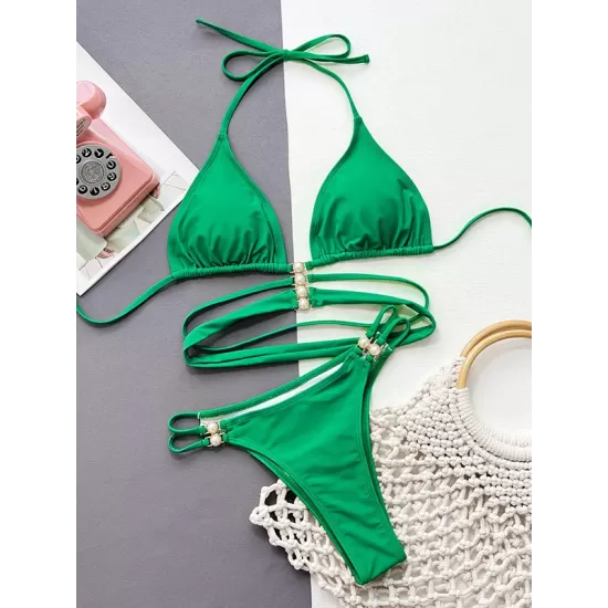 Backless Bandage Belly-Hollow Solid Color Padded Halter-Neck Bikini Swimsuit