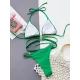 Backless Bandage Belly-Hollow Solid Color Padded Halter-Neck Bikini Swimsuit