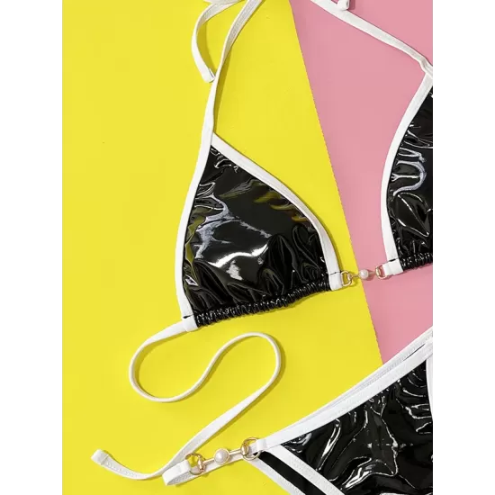 Backless Bandage Color-Block Padded Bikini Swimsuit Backless Bandage Color-Block Padded Bikini Swimsuit