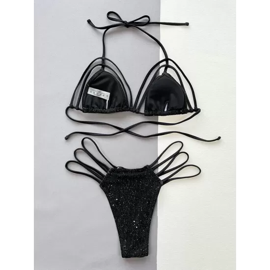 Bandage Belly-Hollow Solid Color Padded Halter-Neck Bikini Swimsuit Bandage Belly-Hollow Solid Color Padded Halter-Neck Bikini Swimsuit