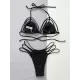 Bandage Belly-Hollow Solid Color Padded Halter-Neck Bikini Swimsuit Bandage Belly-Hollow Solid Color Padded Halter-Neck Bikini Swimsuit