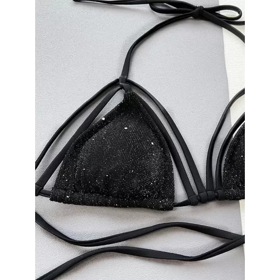 Bandage Belly-Hollow Solid Color Padded Halter-Neck Bikini Swimsuit Bandage Belly-Hollow Solid Color Padded Halter-Neck Bikini Swimsuit