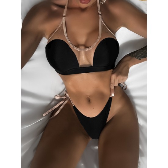 Bandage Color-Block Split-Joint Padded Halter-Neck Bikini Swimsuit Bandage Color-Block Split-Joint Padded Halter-Neck Bikini Swimsuit