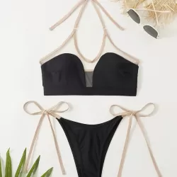 Bandage Color-Block Split-Joint Padded Halter-Neck Bikini Swimsuit