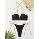 Bandage Color-Block Split-Joint Padded Halter-Neck Bikini Swimsuit Bandage Color-Block Split-Joint Padded Halter-Neck Bikini Swimsuit