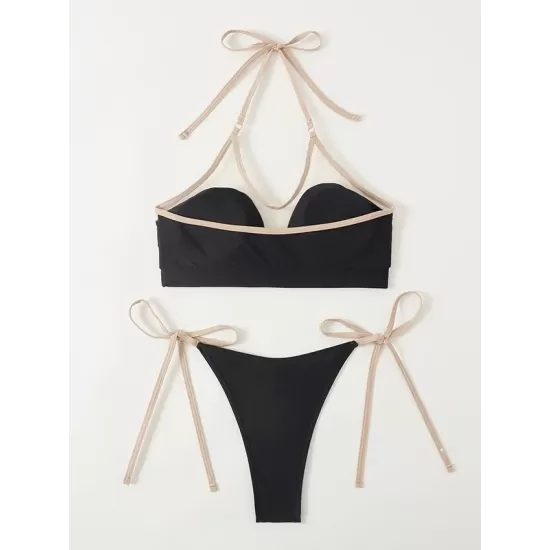 Bandage Color-Block Split-Joint Padded Halter-Neck Bikini Swimsuit Bandage Color-Block Split-Joint Padded Halter-Neck Bikini Swimsuit