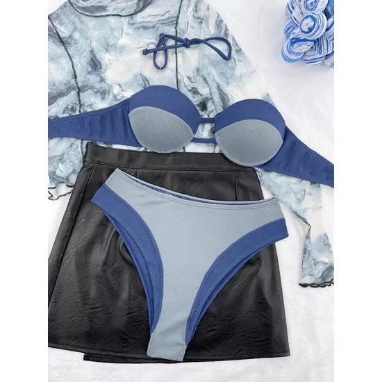 Bandage Color-Block Hollow Padded Halter-Neck Bikini Swimsuit Bandage Color-Block Hollow Padded Halter-Neck Bikini Swimsuit