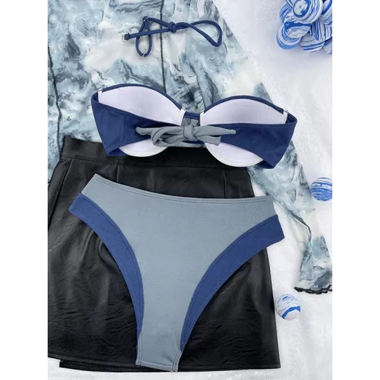 Bandage Color-Block Hollow Padded Halter-Neck Bikini Swimsuit Bandage Color-Block Hollow Padded Halter-Neck Bikini Swimsuit