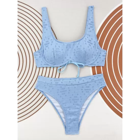 Bandage Hollow Solid Color Padded Square-Neck Bikini Swimsuit Bandage Hollow Solid Color Padded Square-Neck Bikini Swimsuit