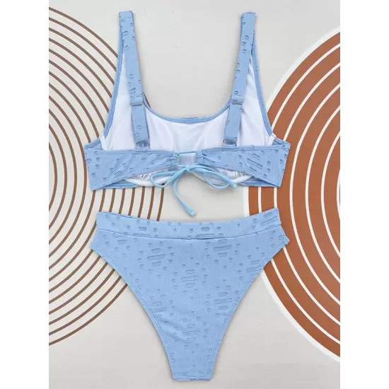 Bandage Hollow Solid Color Padded Square-Neck Bikini Swimsuit Bandage Hollow Solid Color Padded Square-Neck Bikini Swimsuit