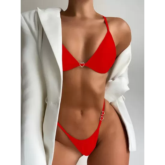 Bandage Heart Hollow Solid Color Spaghetti-Neck Bikini Swimsuit Bandage Heart Hollow Solid Color Spaghetti-Neck Bikini Swimsuit