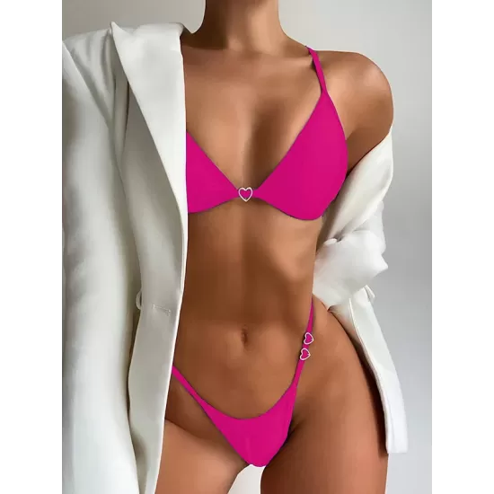 Bandage Heart Hollow Solid Color Spaghetti-Neck Bikini Swimsuit Bandage Heart Hollow Solid Color Spaghetti-Neck Bikini Swimsuit