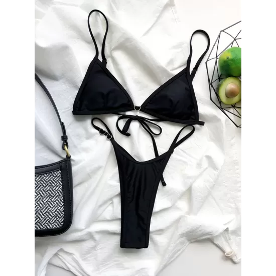 Bandage Heart Hollow Solid Color Spaghetti-Neck Bikini Swimsuit Bandage Heart Hollow Solid Color Spaghetti-Neck Bikini Swimsuit
