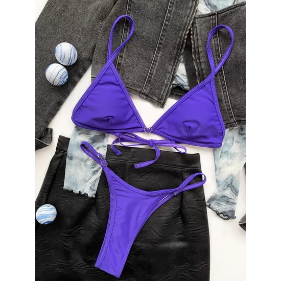 Bandage Heart Hollow Solid Color Spaghetti-Neck Bikini Swimsuit Bandage Heart Hollow Solid Color Spaghetti-Neck Bikini Swimsuit