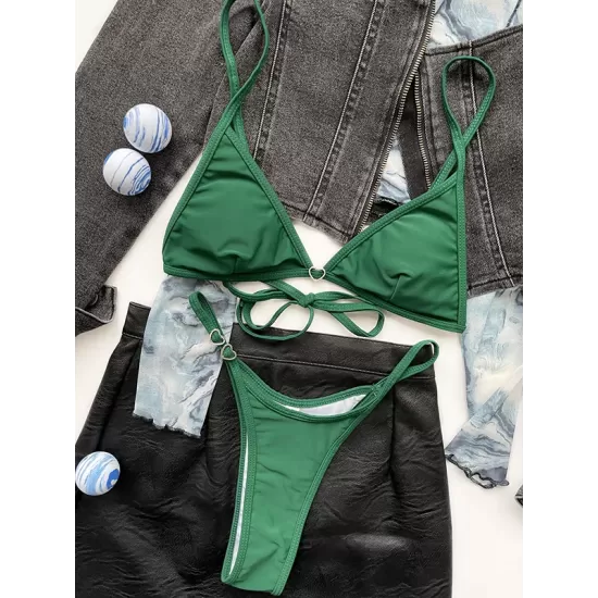 Bandage Heart Hollow Solid Color Spaghetti-Neck Bikini Swimsuit Bandage Heart Hollow Solid Color Spaghetti-Neck Bikini Swimsuit