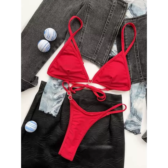 Bandage Heart Hollow Solid Color Spaghetti-Neck Bikini Swimsuit Bandage Heart Hollow Solid Color Spaghetti-Neck Bikini Swimsuit