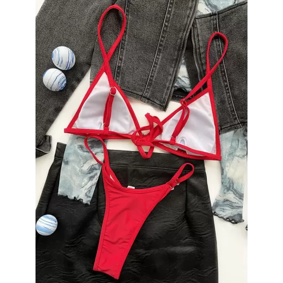 Bandage Heart Hollow Solid Color Spaghetti-Neck Bikini Swimsuit Bandage Heart Hollow Solid Color Spaghetti-Neck Bikini Swimsuit