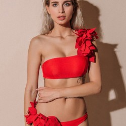 Falbala Solid Color Split-Joint Padded One-Shoulder Bikini Swimsuit