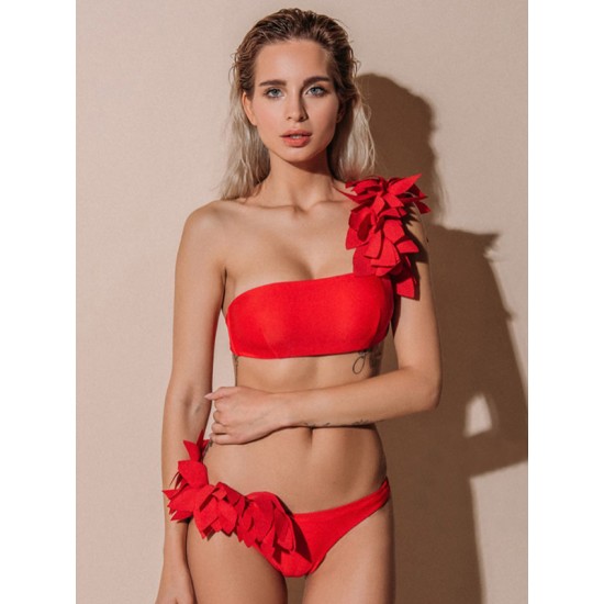 Falbala Solid Color Split-Joint Padded One-Shoulder Bikini Swimsuit Falbala Solid Color Split-Joint Padded One-Shoulder Bikini Swimsuit