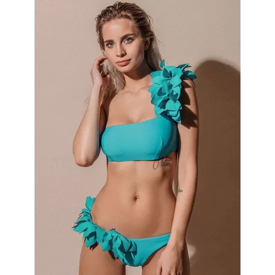 Falbala Solid Color Split-Joint Padded One-Shoulder Bikini Swimsuit Falbala Solid Color Split-Joint Padded One-Shoulder Bikini Swimsuit