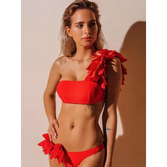 Falbala Solid Color Split-Joint Padded One-Shoulder Bikini Swimsuit Falbala Solid Color Split-Joint Padded One-Shoulder Bikini Swimsuit