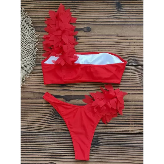 Falbala Solid Color Split-Joint Padded One-Shoulder Bikini Swimsuit Falbala Solid Color Split-Joint Padded One-Shoulder Bikini Swimsuit