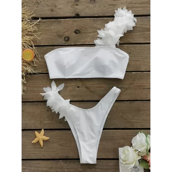 Falbala Solid Color Split-Joint Padded One-Shoulder Bikini Swimsuit Falbala Solid Color Split-Joint Padded One-Shoulder Bikini Swimsuit