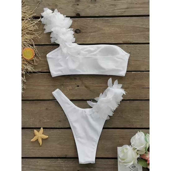 Falbala Solid Color Split-Joint Padded One-Shoulder Bikini Swimsuit Falbala Solid Color Split-Joint Padded One-Shoulder Bikini Swimsuit