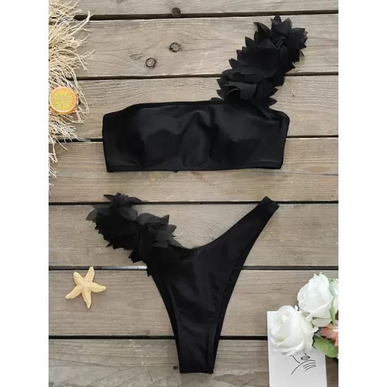 Falbala Solid Color Split-Joint Padded One-Shoulder Bikini Swimsuit Falbala Solid Color Split-Joint Padded One-Shoulder Bikini Swimsuit