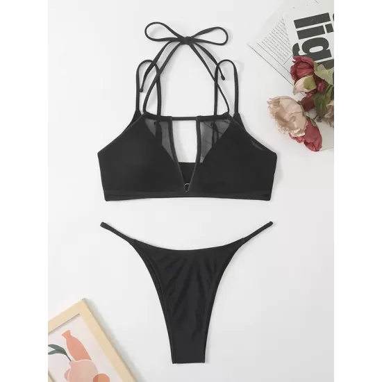 Split-Joint Belly-Hollow Bandage Padded Halter-Neck Bikini Swimsuit Split-Joint Belly-Hollow Bandage Padded Halter-Neck Bikini Swimsuit