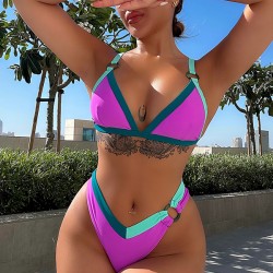 Backless Color-Block Hollow Padded Deep V-Neck Bikini Swimsuit
