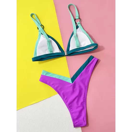 Backless Color-Block Hollow Padded Deep V-Neck Bikini Swimsuit Backless Color-Block Hollow Padded Deep V-Neck Bikini Swimsuit