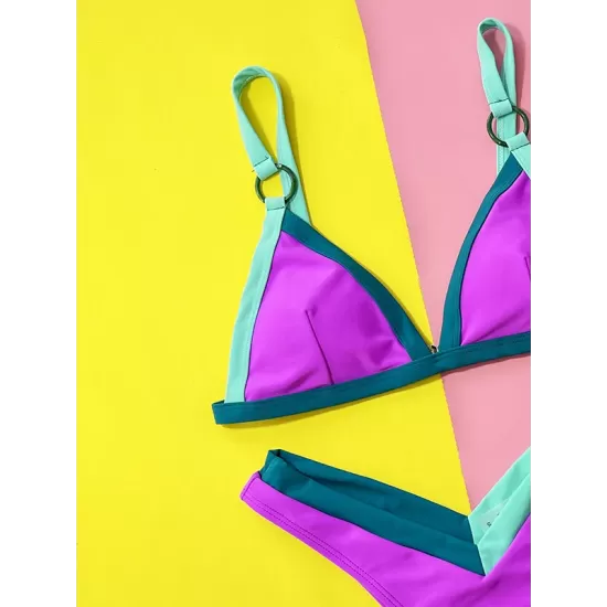 Backless Color-Block Hollow Padded Deep V-Neck Bikini Swimsuit Backless Color-Block Hollow Padded Deep V-Neck Bikini Swimsuit