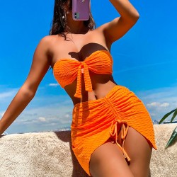 Three-piece Suit Padded Honeycomb Solid Color Tube Bikini Swimsuit
