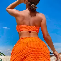 Three-piece Suit Padded Honeycomb Solid Color Tube Bikini Swimsuit