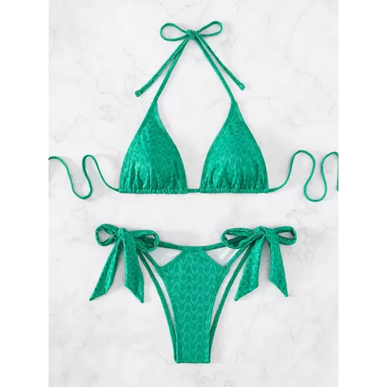 Padded Backless Bandage Wavy Printed Halter-Neck Bikini Swimsuit Padded Backless Bandage Wavy Printed Halter-Neck Bikini Swimsuit