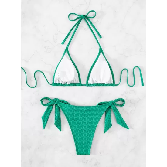 Padded Backless Bandage Wavy Printed Halter-Neck Bikini Swimsuit Padded Backless Bandage Wavy Printed Halter-Neck Bikini Swimsuit