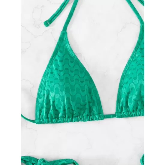Padded Backless Bandage Wavy Printed Halter-Neck Bikini Swimsuit Padded Backless Bandage Wavy Printed Halter-Neck Bikini Swimsuit
