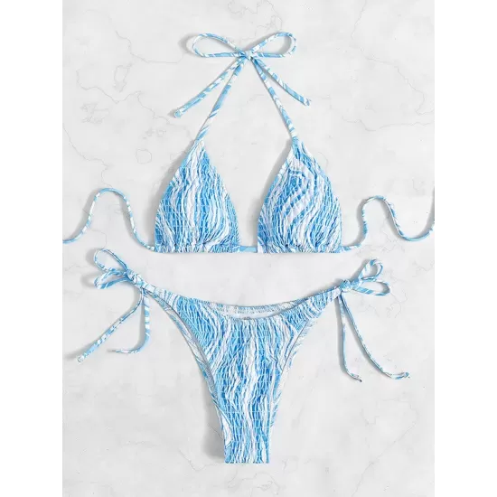Backless Bandage Color-Block Padded Halter-Neck Bikini Swimsuit Backless Bandage Color-Block Padded Halter-Neck Bikini Swimsuit