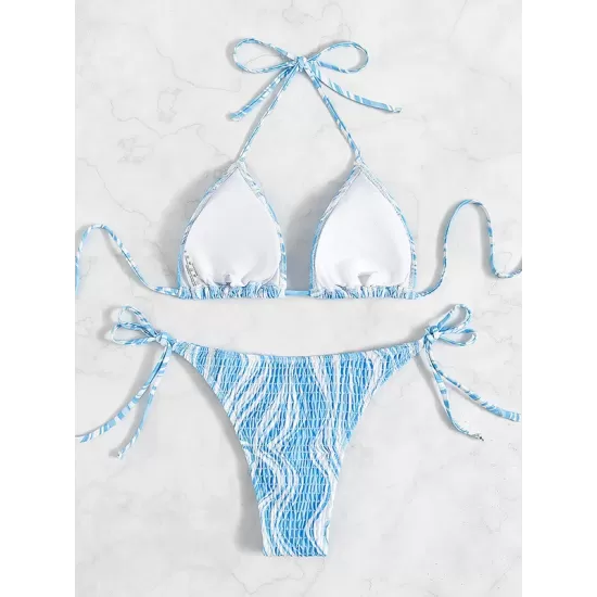 Backless Bandage Color-Block Padded Halter-Neck Bikini Swimsuit Backless Bandage Color-Block Padded Halter-Neck Bikini Swimsuit