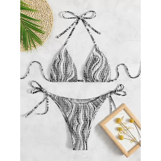 Backless Bandage Color-Block Padded Halter-Neck Bikini Swimsuit Backless Bandage Color-Block Padded Halter-Neck Bikini Swimsuit