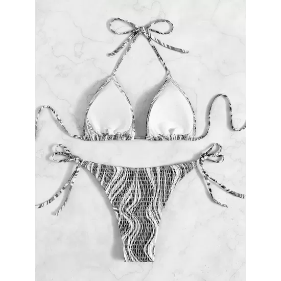 Backless Bandage Color-Block Padded Halter-Neck Bikini Swimsuit Backless Bandage Color-Block Padded Halter-Neck Bikini Swimsuit