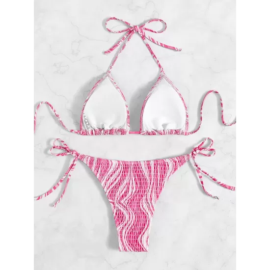 Backless Bandage Color-Block Padded Halter-Neck Bikini Swimsuit Backless Bandage Color-Block Padded Halter-Neck Bikini Swimsuit