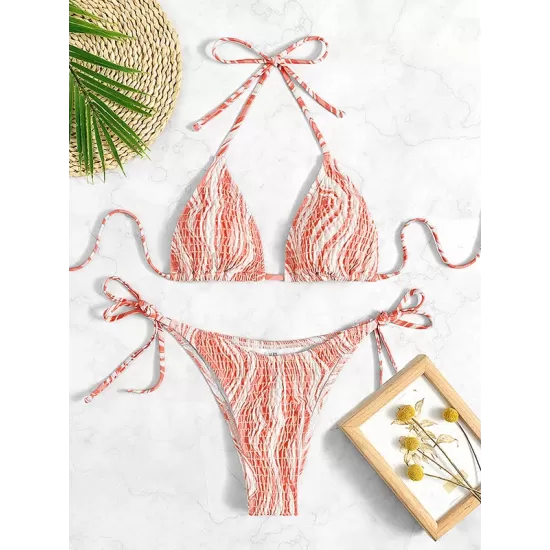 Backless Bandage Color-Block Padded Halter-Neck Bikini Swimsuit Backless Bandage Color-Block Padded Halter-Neck Bikini Swimsuit