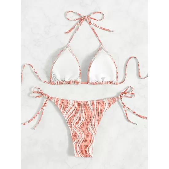 Backless Bandage Color-Block Padded Halter-Neck Bikini Swimsuit Backless Bandage Color-Block Padded Halter-Neck Bikini Swimsuit