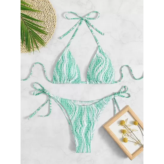 Backless Bandage Color-Block Padded Halter-Neck Bikini Swimsuit Backless Bandage Color-Block Padded Halter-Neck Bikini Swimsuit