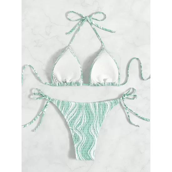 Backless Bandage Color-Block Padded Halter-Neck Bikini Swimsuit Backless Bandage Color-Block Padded Halter-Neck Bikini Swimsuit